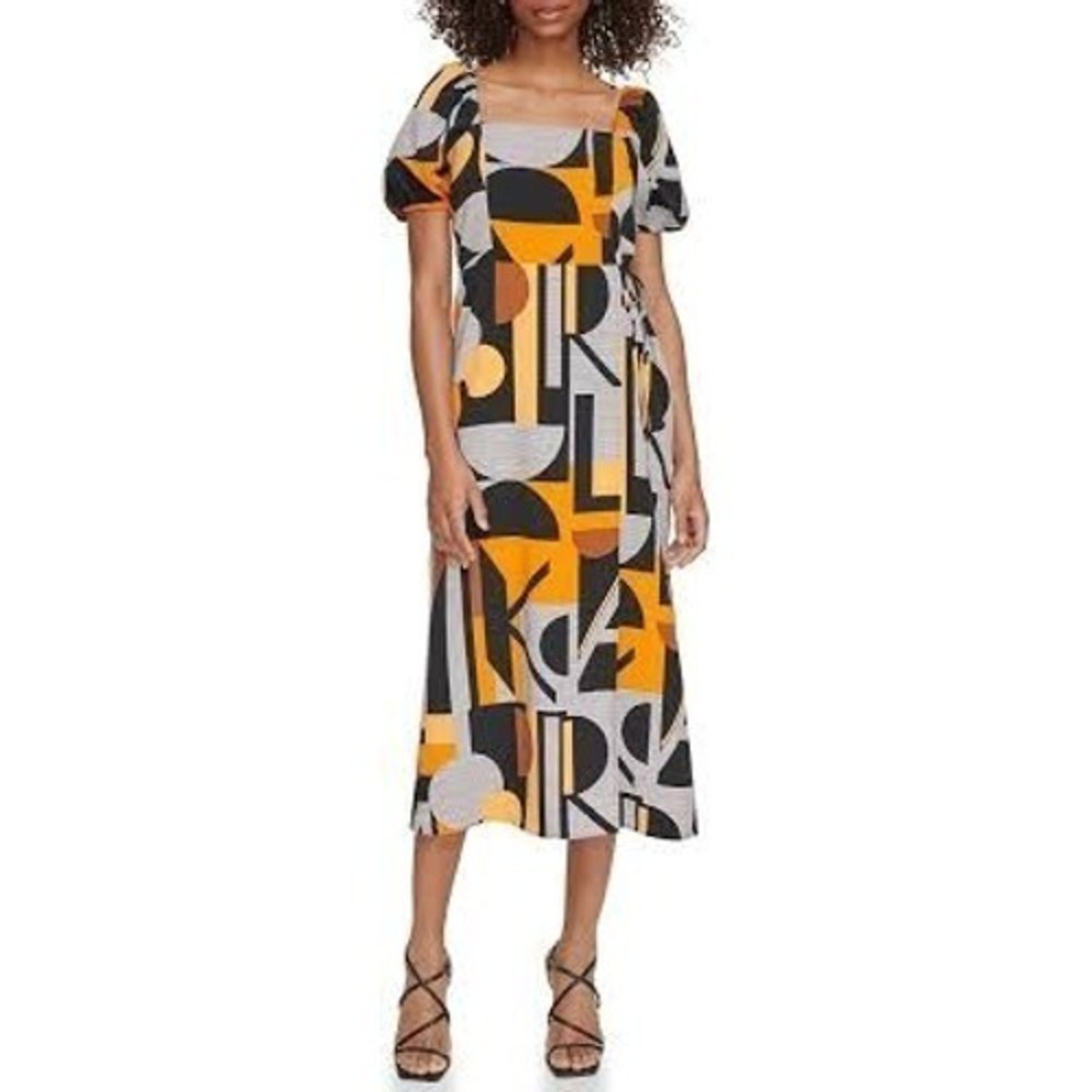 Karl Lagerfeld Paris Womens Orange Black Geometric Logo Midi Dress Size 8